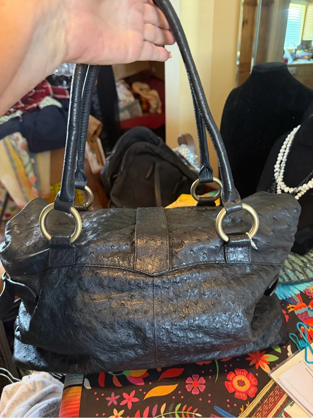 Gorgeous Vintage Black Leather Ostrich Large Bag